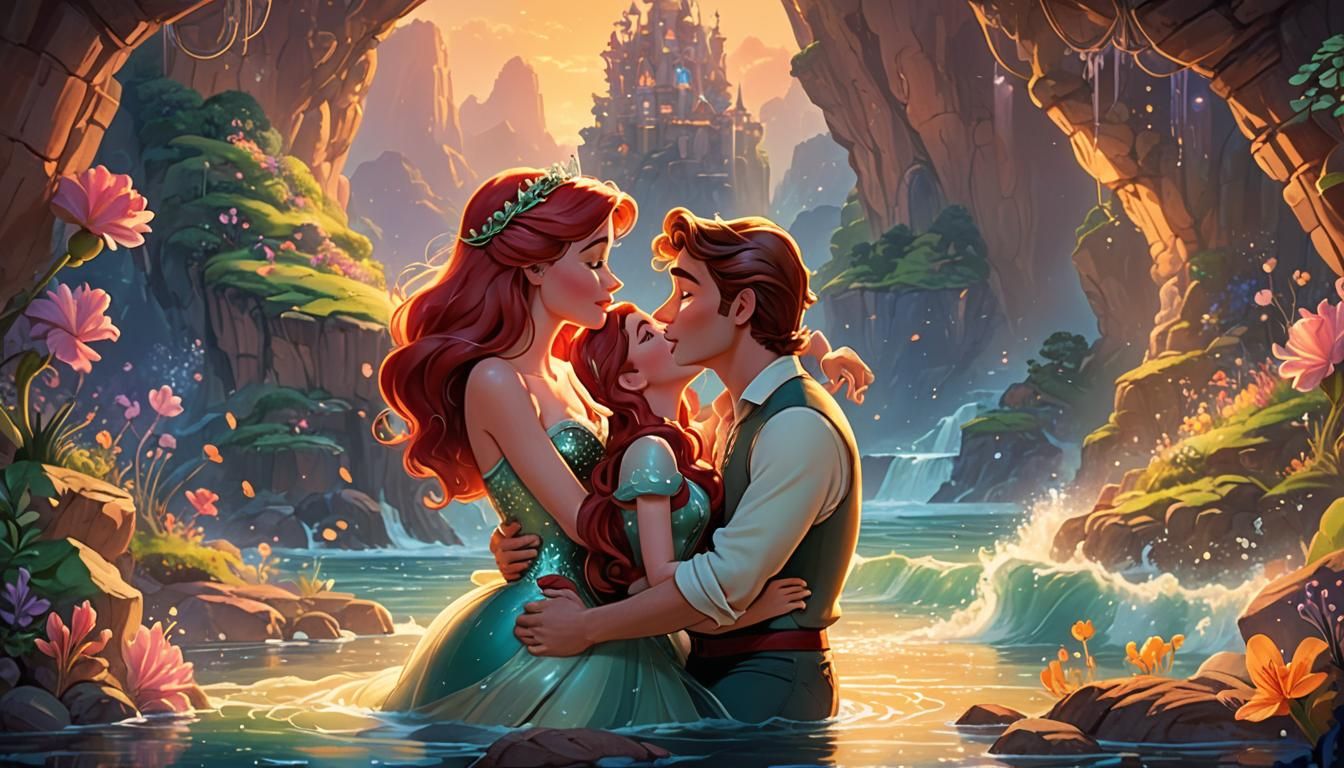 Ariel and Prince Kissing: 2D Cartoon Splash Art