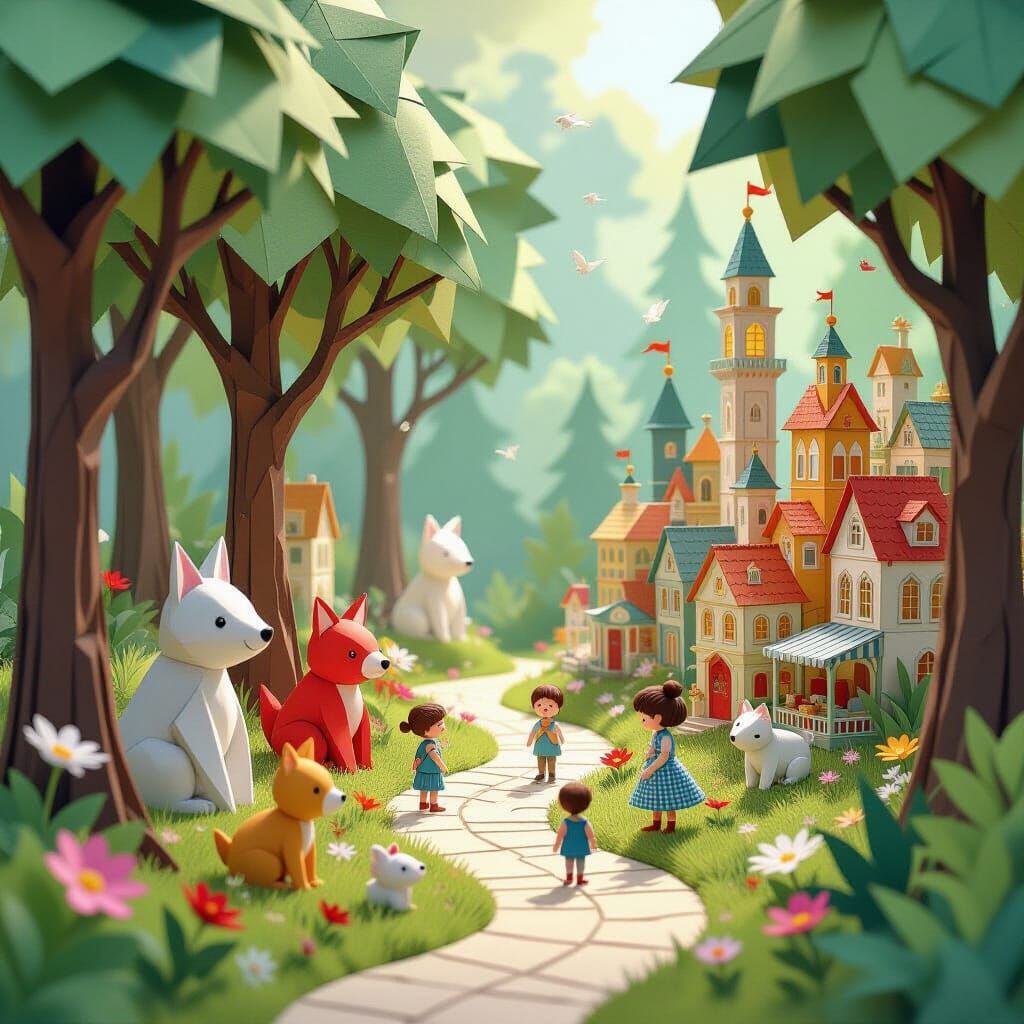 Origami Animals and Pop-Up City in a Paper Landscape