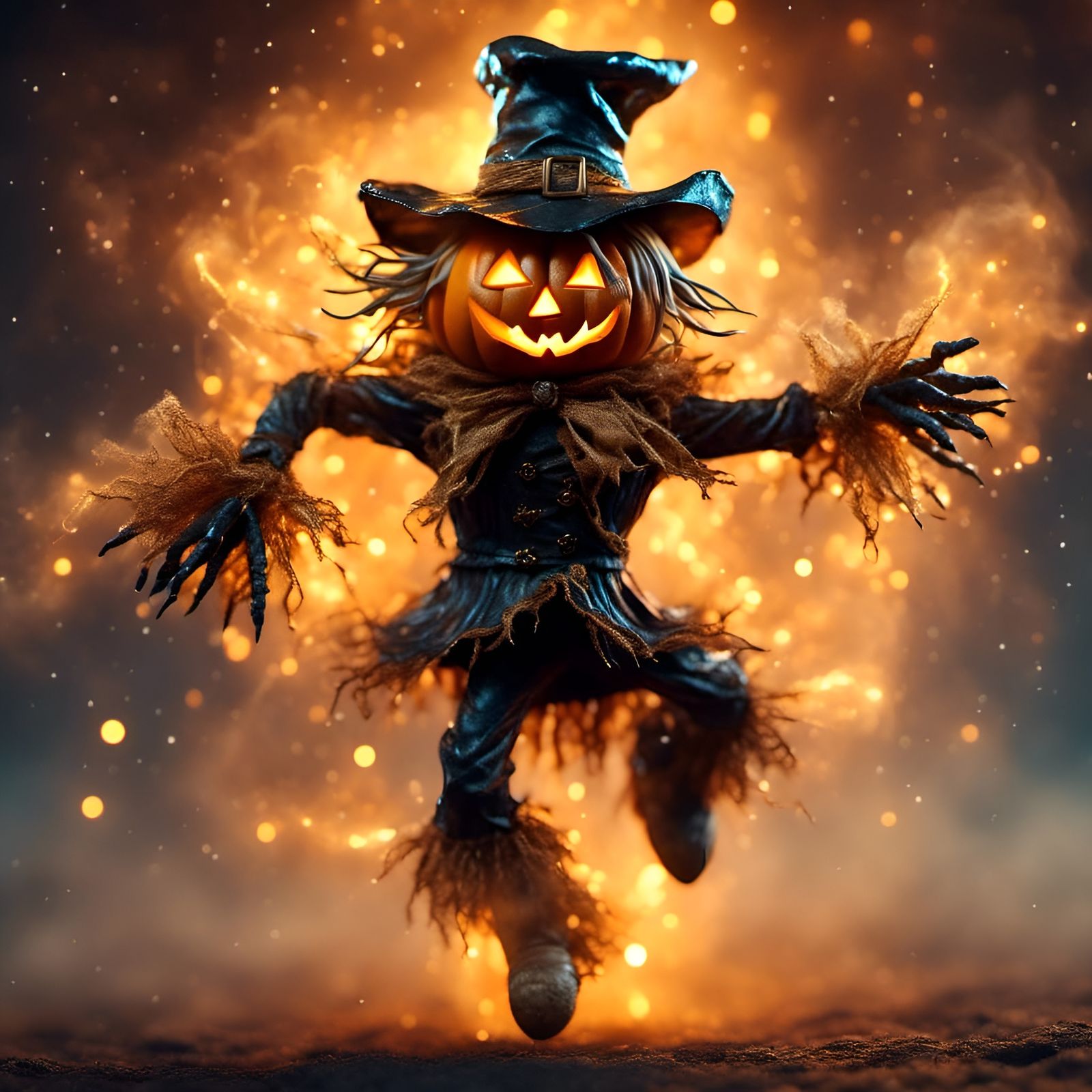 Scary Pumpkin Head Scarecrow Running Through Halloween Town