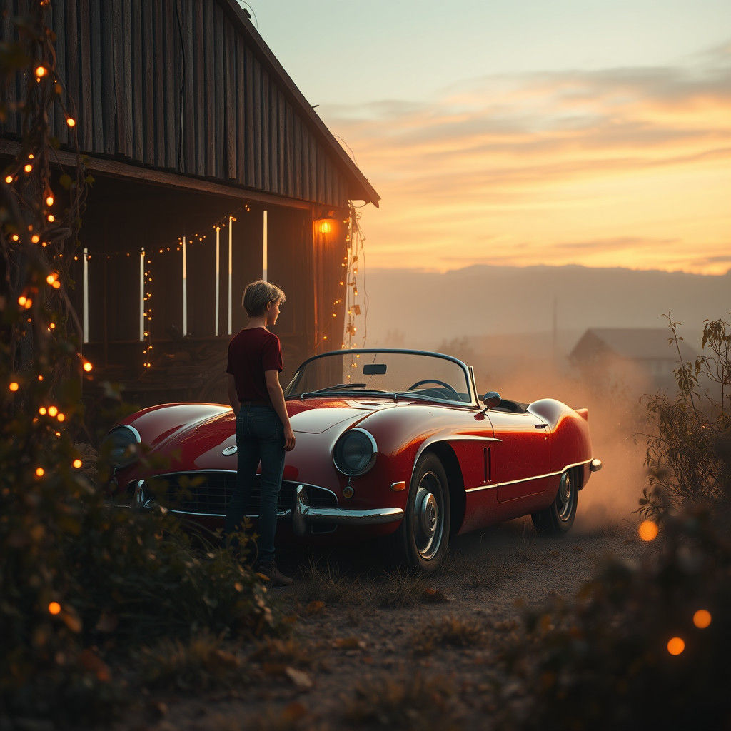 Red Barchetta Emerges in Mystical Landscape