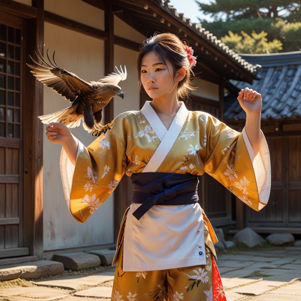 Golden Eagle and Karate Kid: Vibrant Oil Painting