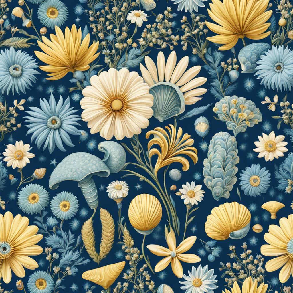 Powder Blue Wildflowers, Seashells, and Stars in Haeckel Sty...