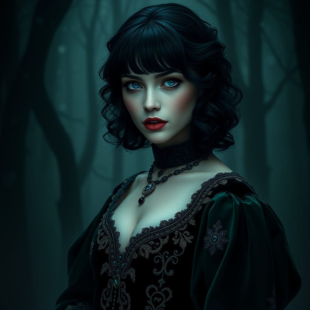 Ethereal Woman in Green Velvet Gown