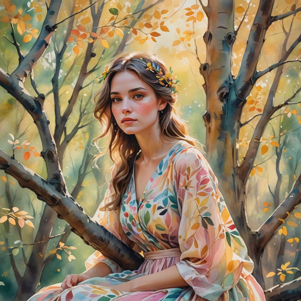 Girl on Tree Branch in Pastel Watercolor Forest