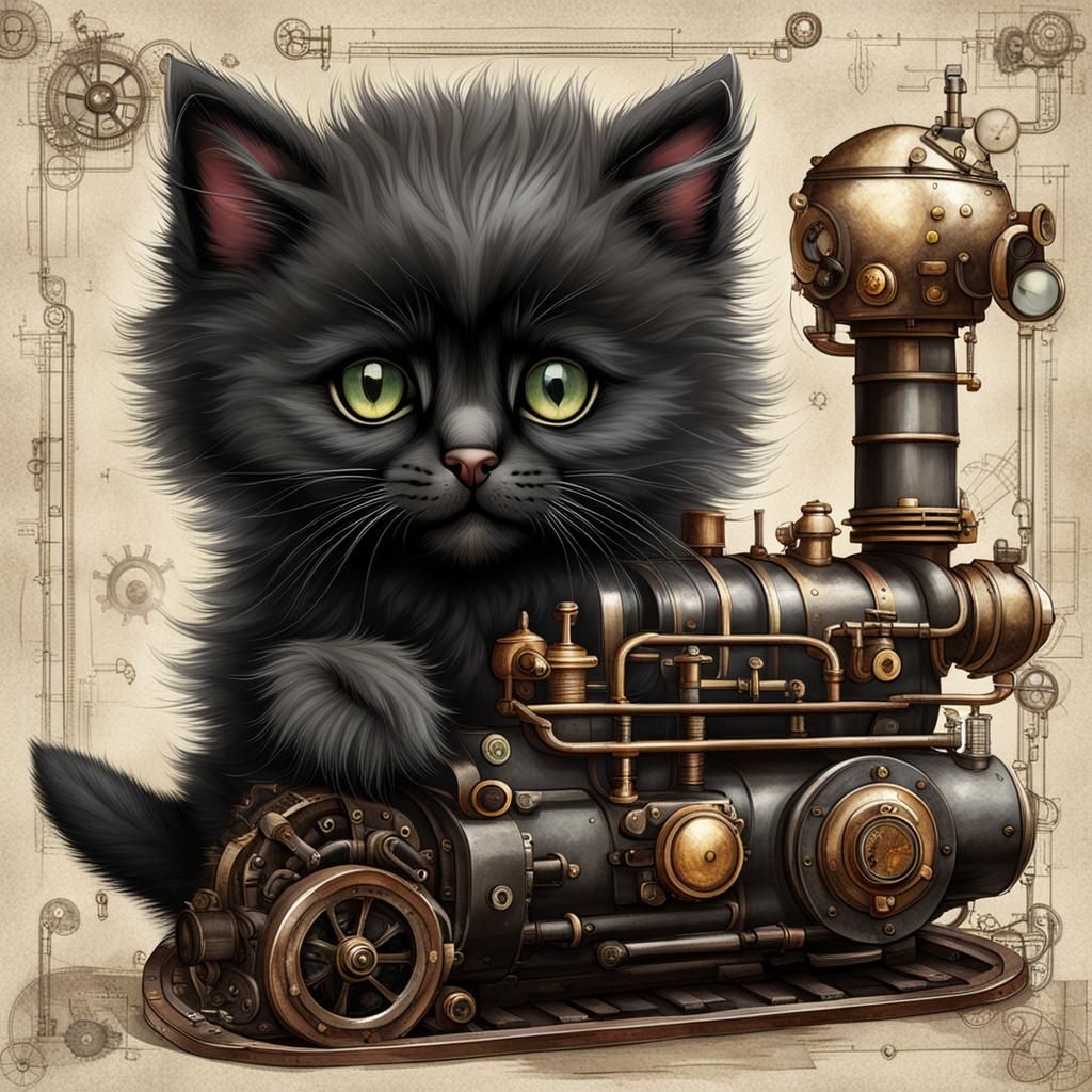Fluffy Black Kitten with Steampunk Engine