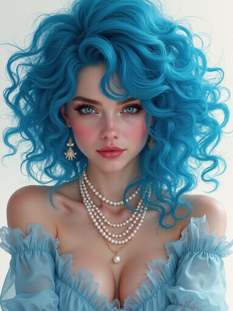 Elegant Woman with Electric Blue Hair, Digital Painting
