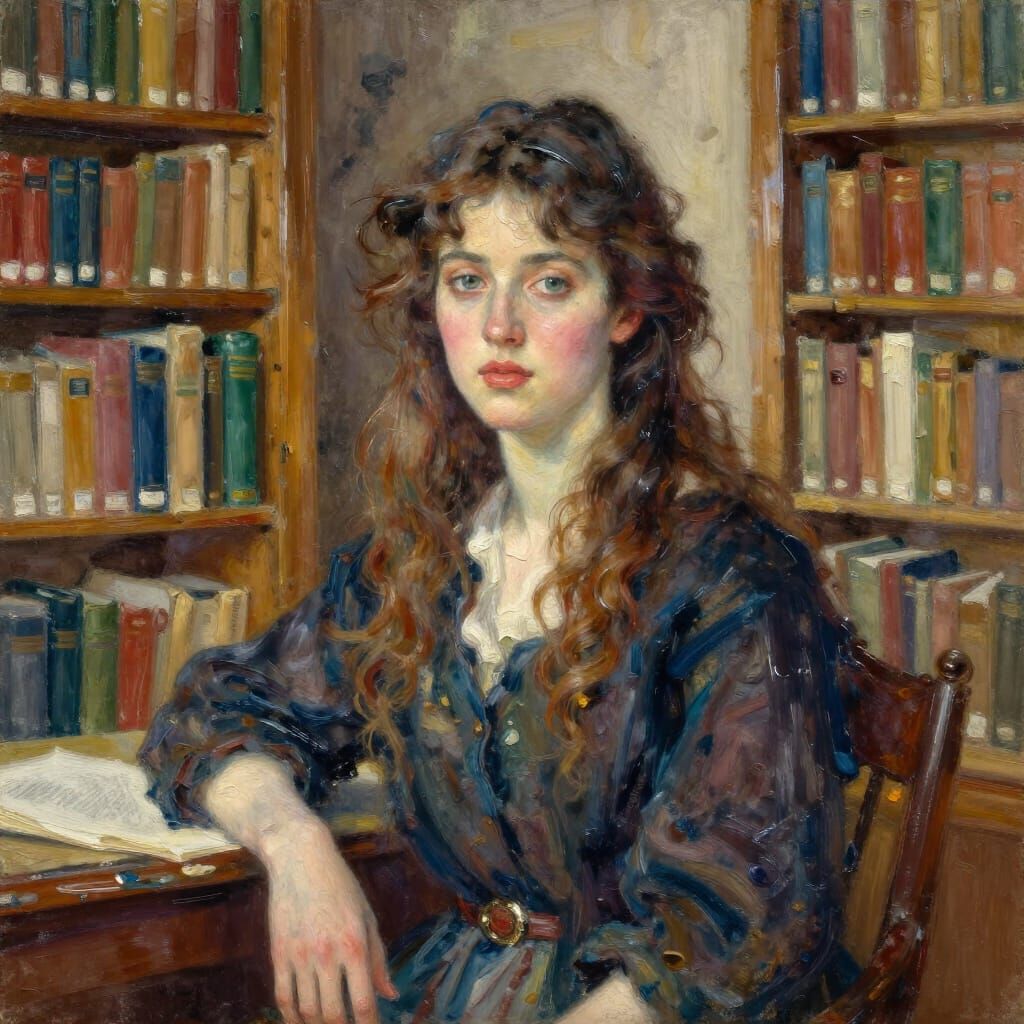 Woman Posing in Library as Gouache Masterpiece