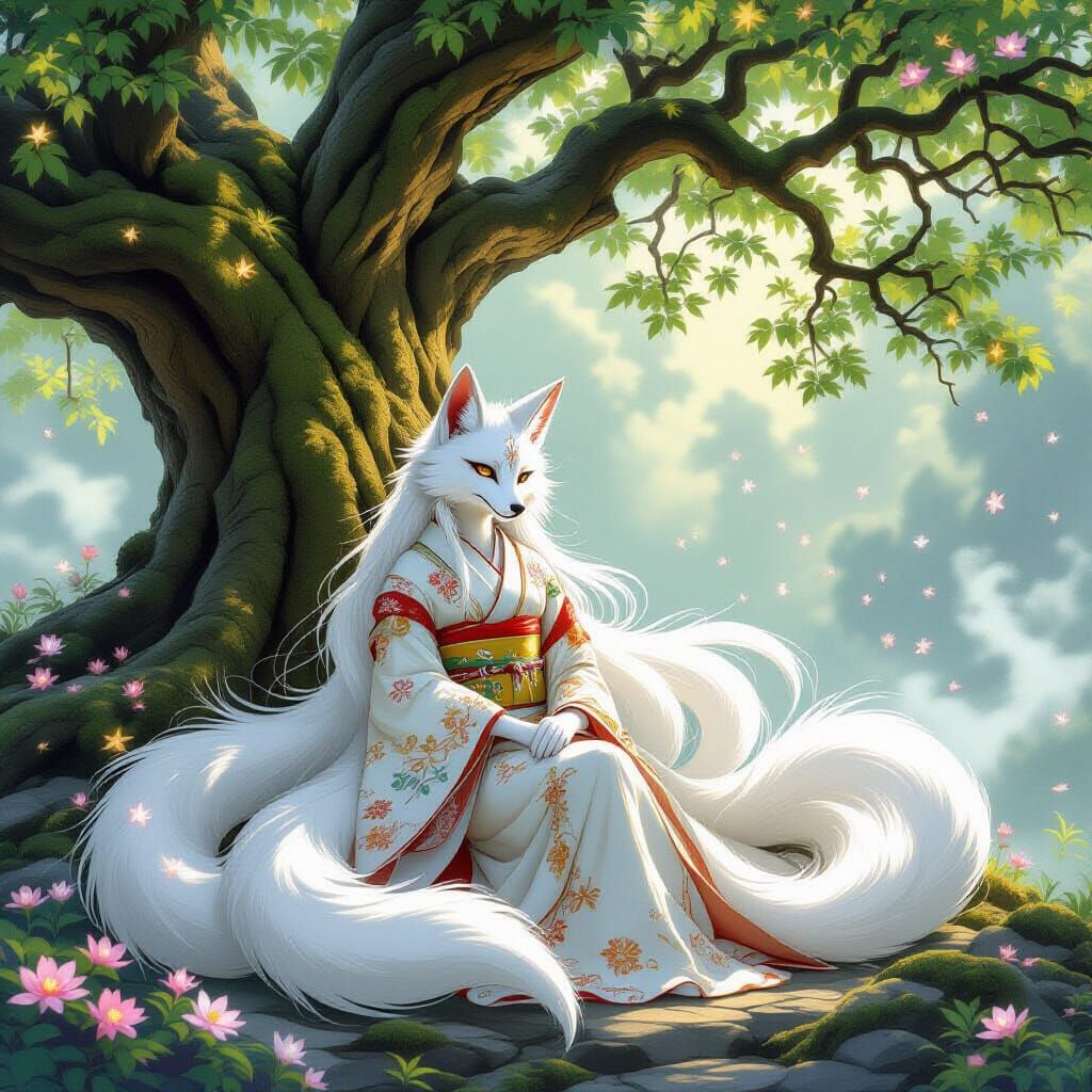 Regal Kitsune with Nine Tails Under Ancient Oak Tree