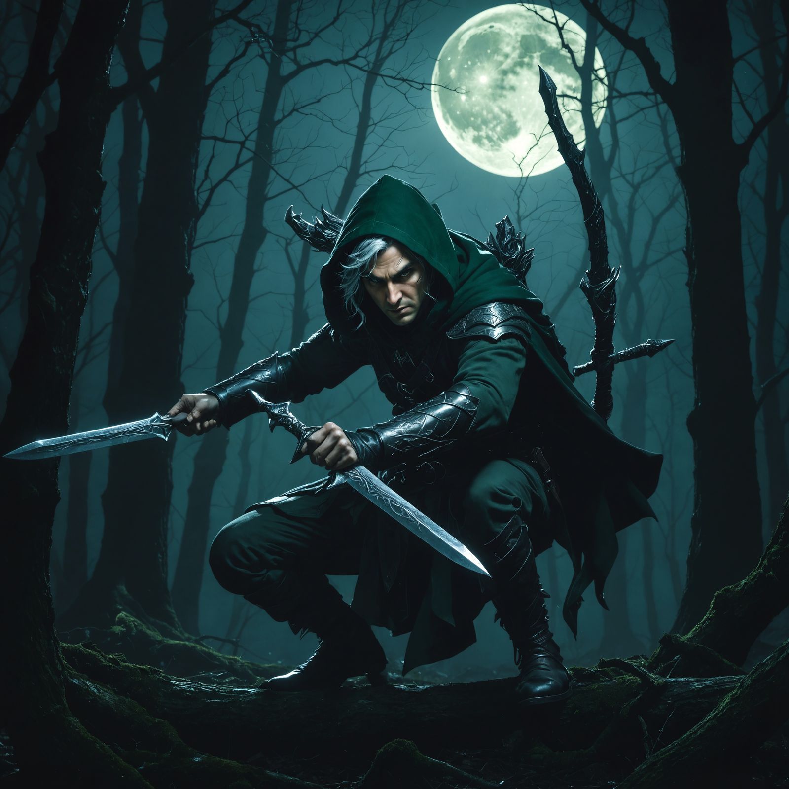 Moonlit Wood Elf Warrior in Stealthy Attack Pose