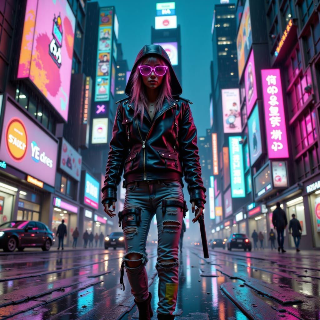 Cyberpunk Woman Navigating Futuristic City Street