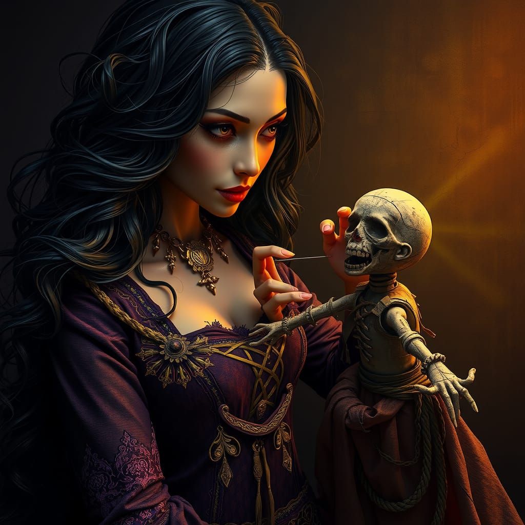 Mysterious Woman and Voodoo Doll in Dark Fantasy Art