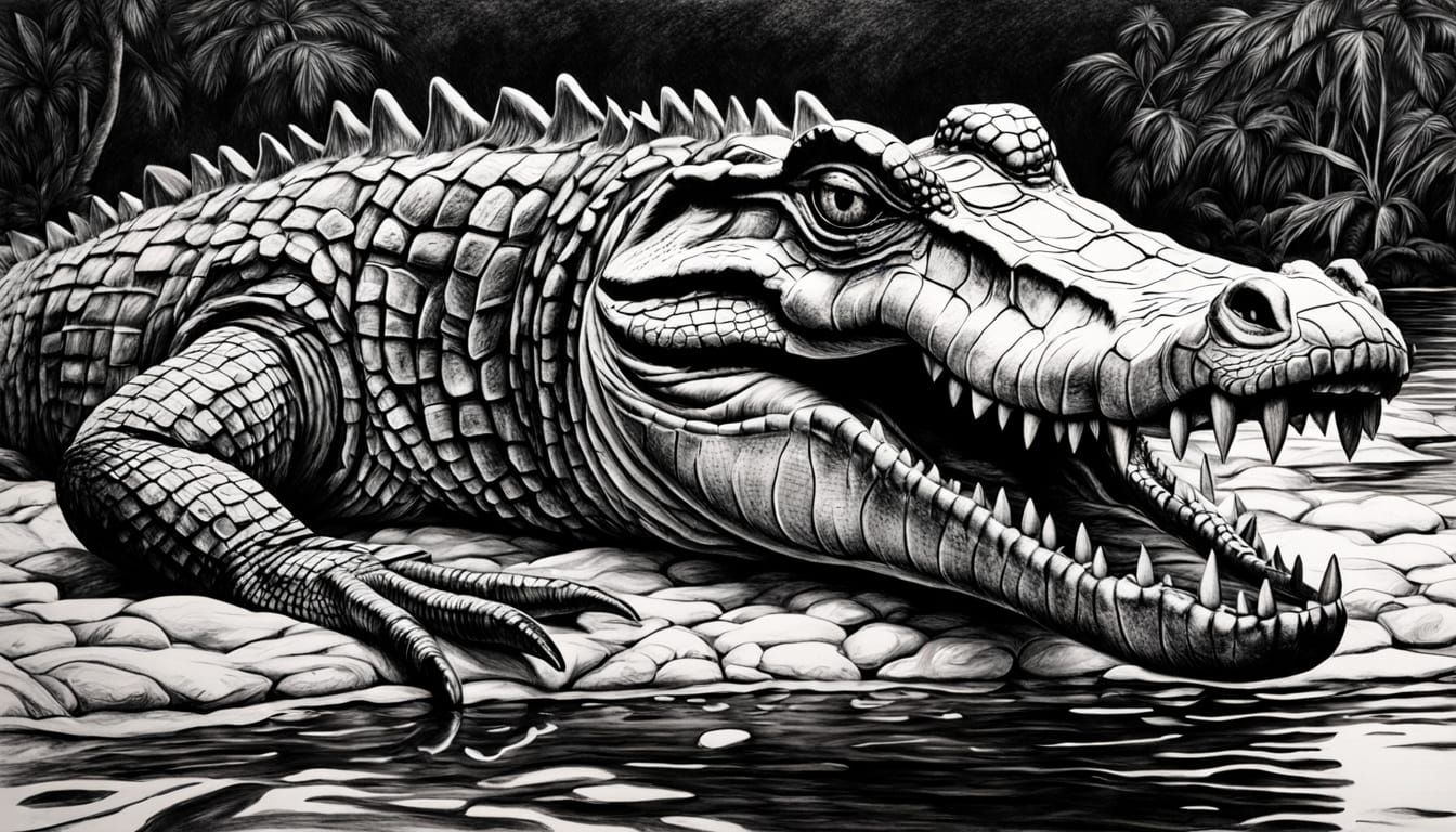Beer Cap Crocodile: Ultrarealistic Charcoal Drawing