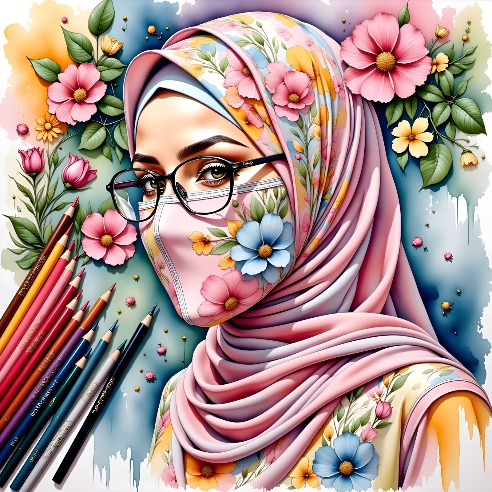 A Young Hijab Student Surrounded by Artistic Tools and Color...