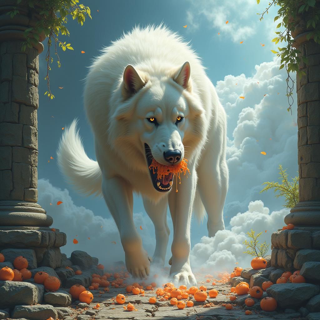 Majestic Canine Devouring Ethereal Feast: Matte Painting