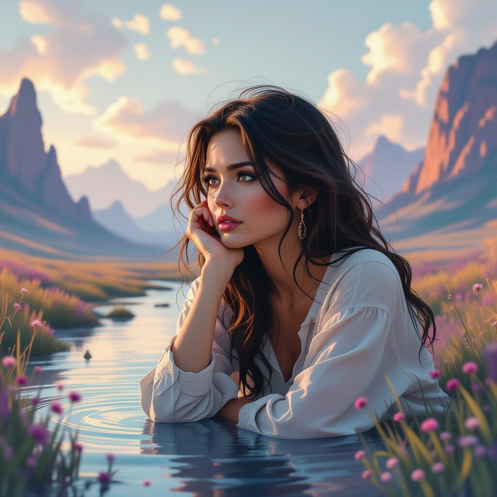 Surreal Woman in Dreamlike Landscape, Digital Art
