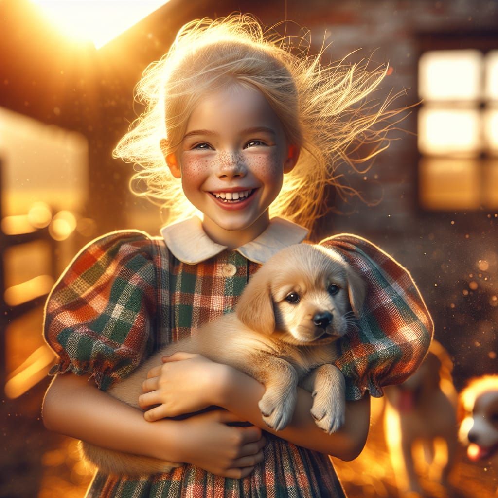 Girl and Puppy in Hyperrealistic Farm Portrait