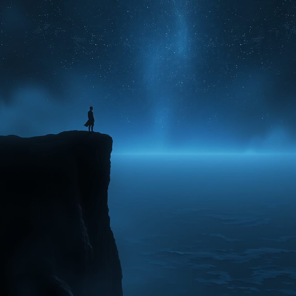 Lone Figure on Cliff Overlooking Starlit Ocean