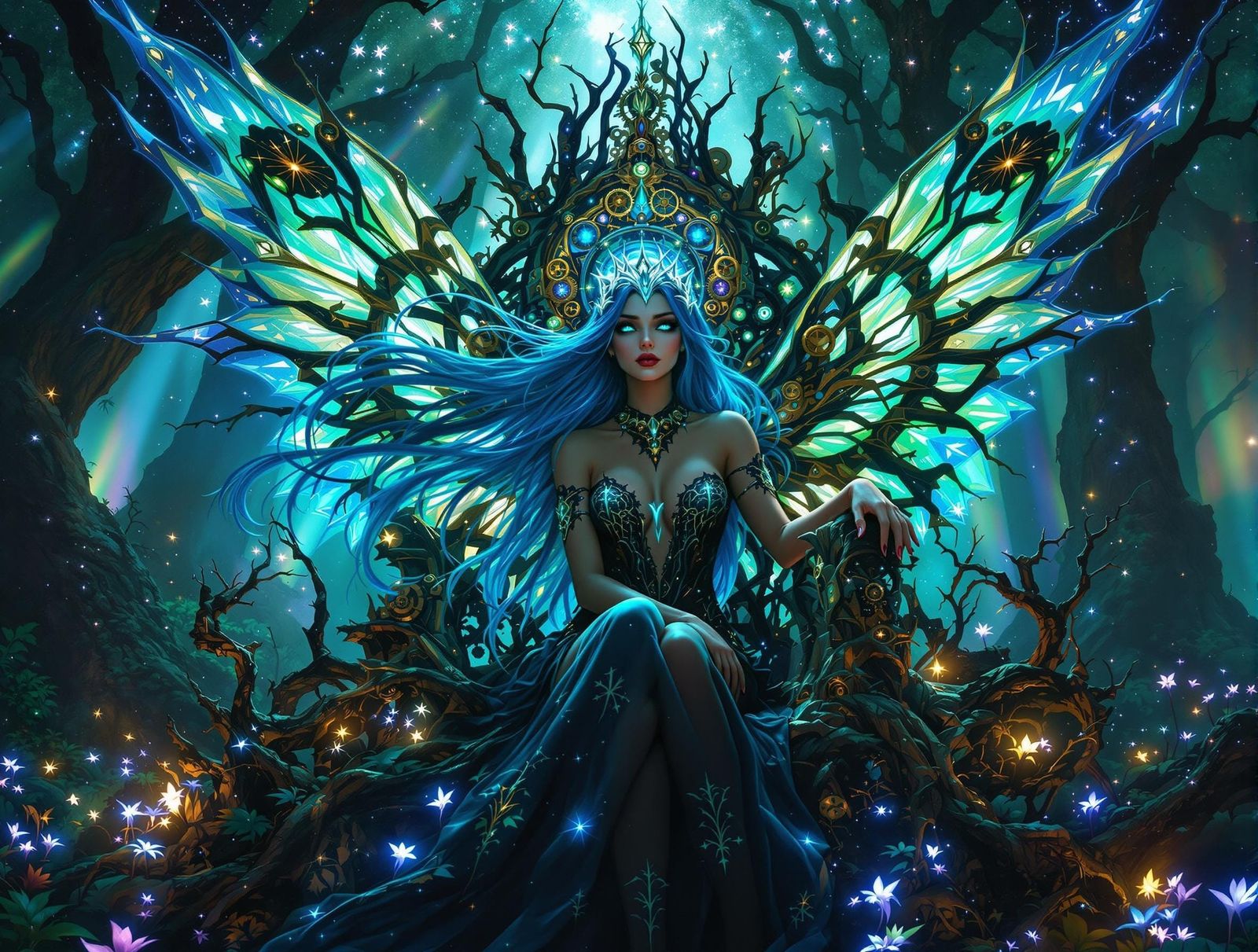 Gothic Fairy Queen in Bioluminescent Clockwork Forest