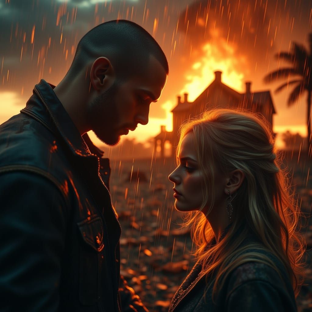 Couple in Emotional Scene Before Burning House