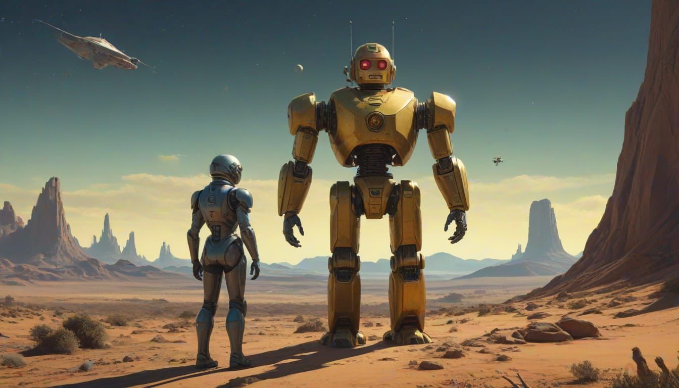Golden Robot Embrace in Sci-Fi Desert Landscape