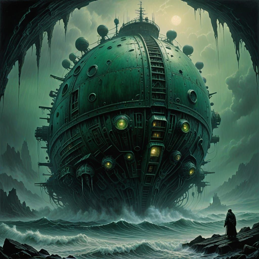 Ancient Biomechanical Vessel in Turbulent Sea Fog