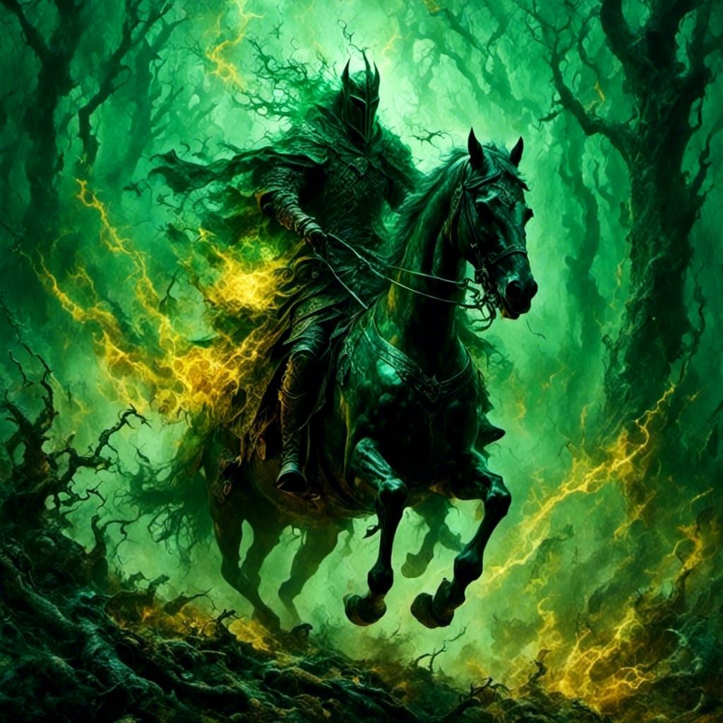 Headless Horseman Rides Cloud in Dark Forest