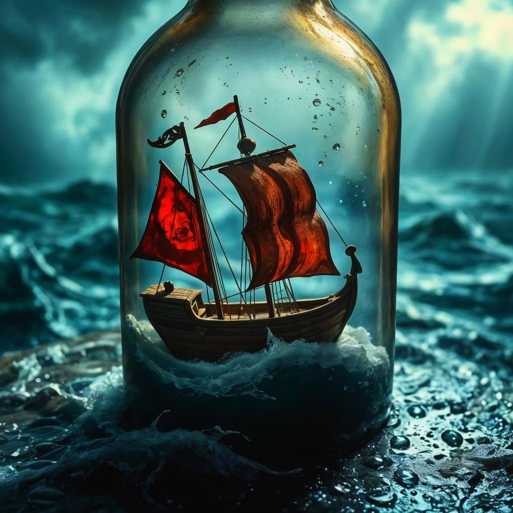 Pirate's Ship in Antique Bottle, a Digital Stormy Seascape