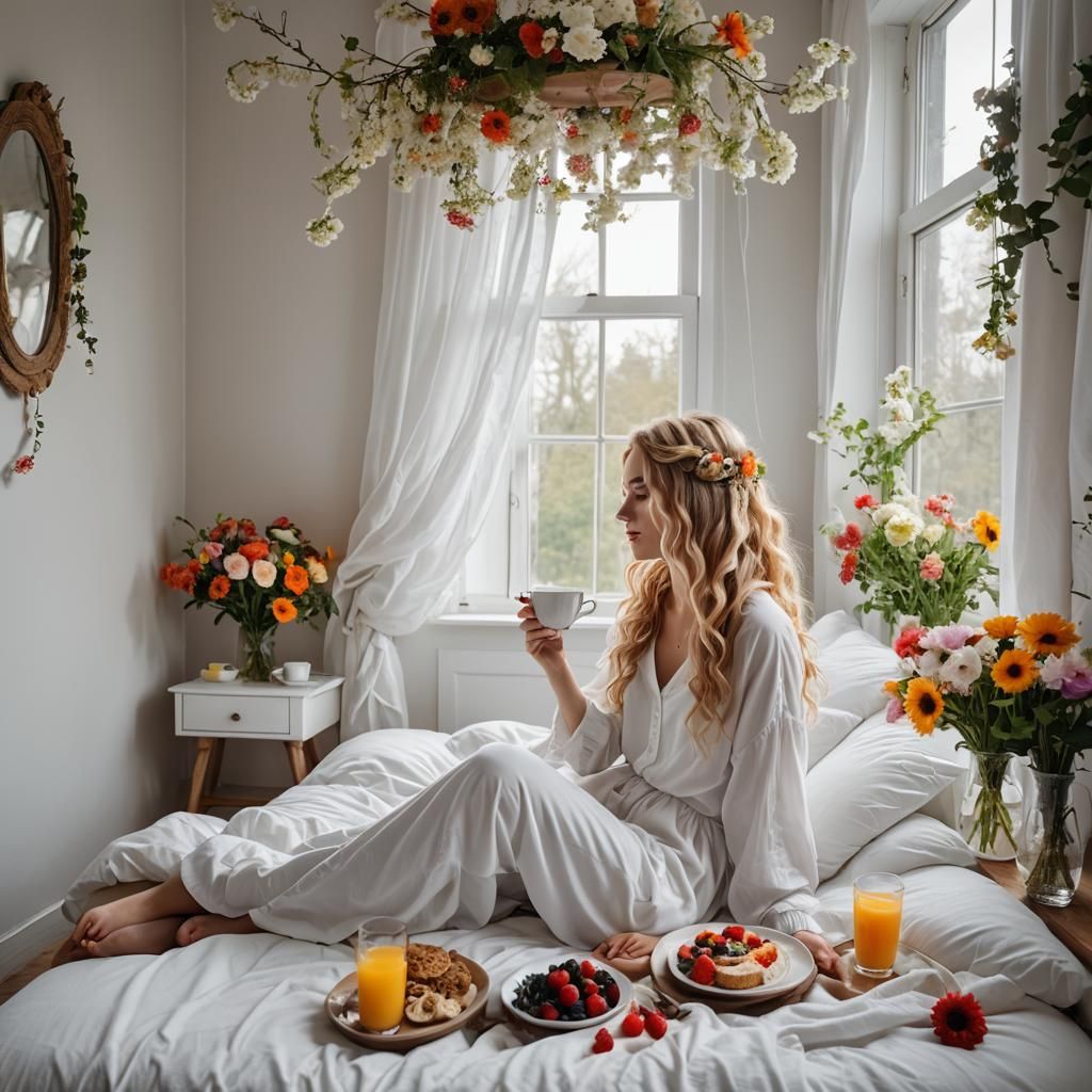 Breakfast in Bed in a Wooden Bedroom