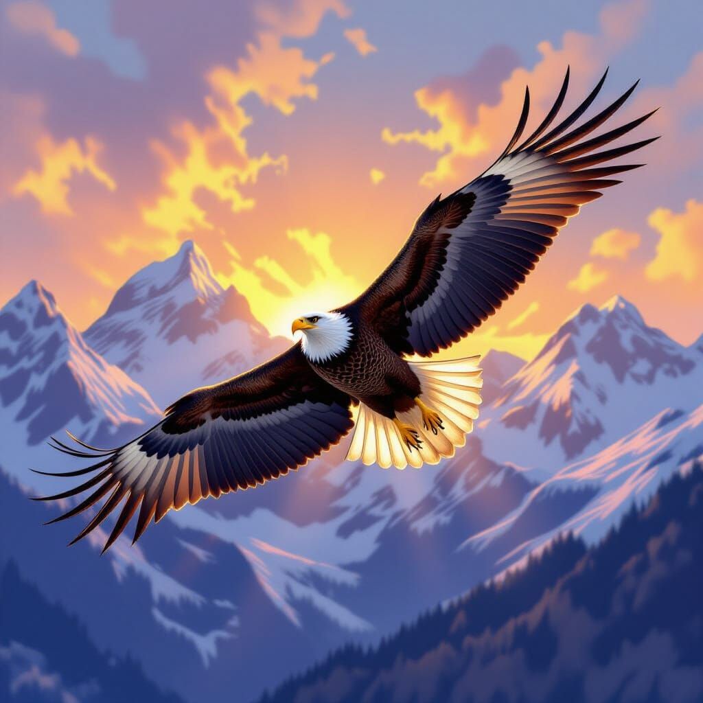 Majestic Eagle Soaring Over Snowy Mountains