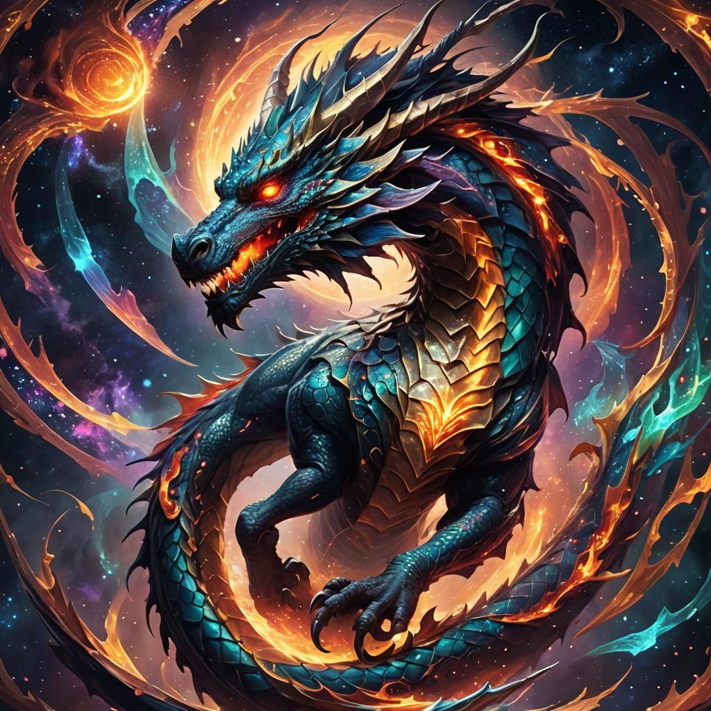 Majestic Dragon Emerges from Void in Fantasy Art