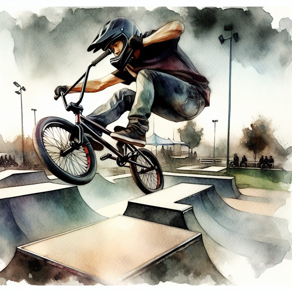 BMX Rider's Tailwhip Stunt: Watercolour Painting