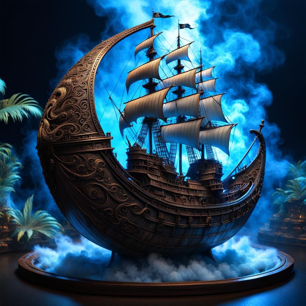 Miniature Pirate Ship Inside Coconut Shell