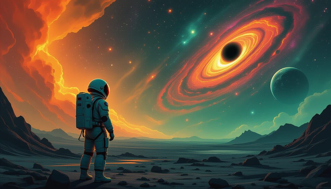 Astronaut Gazing at Cosmic Nebulae on Alien Planet