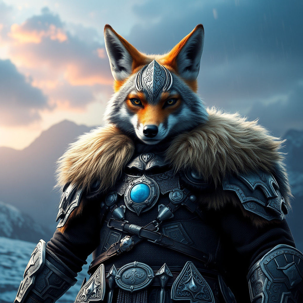 Heroic Coyote-Viking in Silver Armor, Cinematic Digital Art