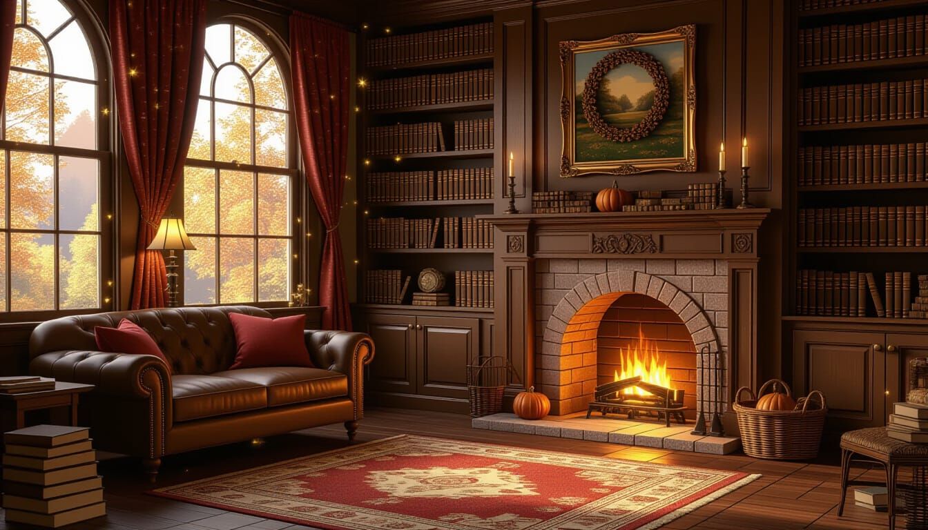 Cozy Autumn Study with Glowing Fireplace and Floating Sparkl...