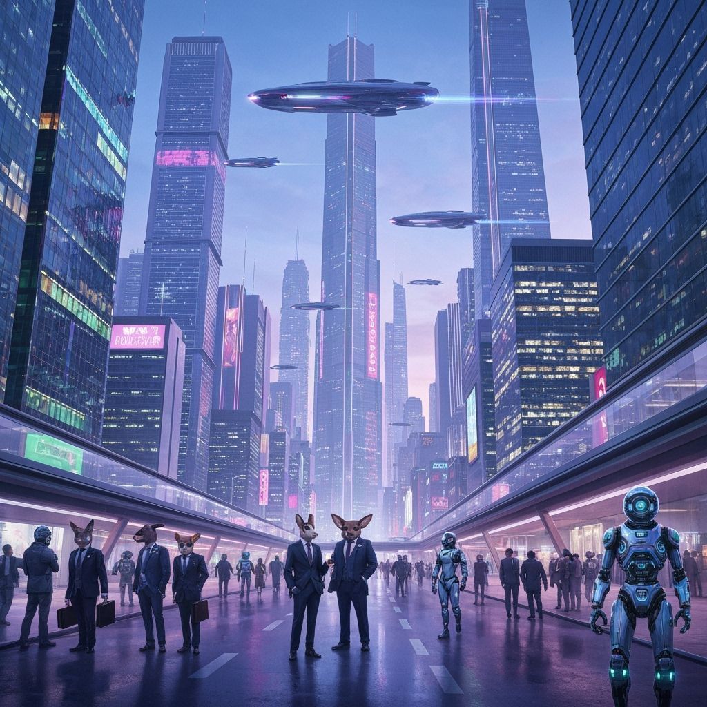 Futuristic Metropolis with Animals, Robots, and Spacesuits