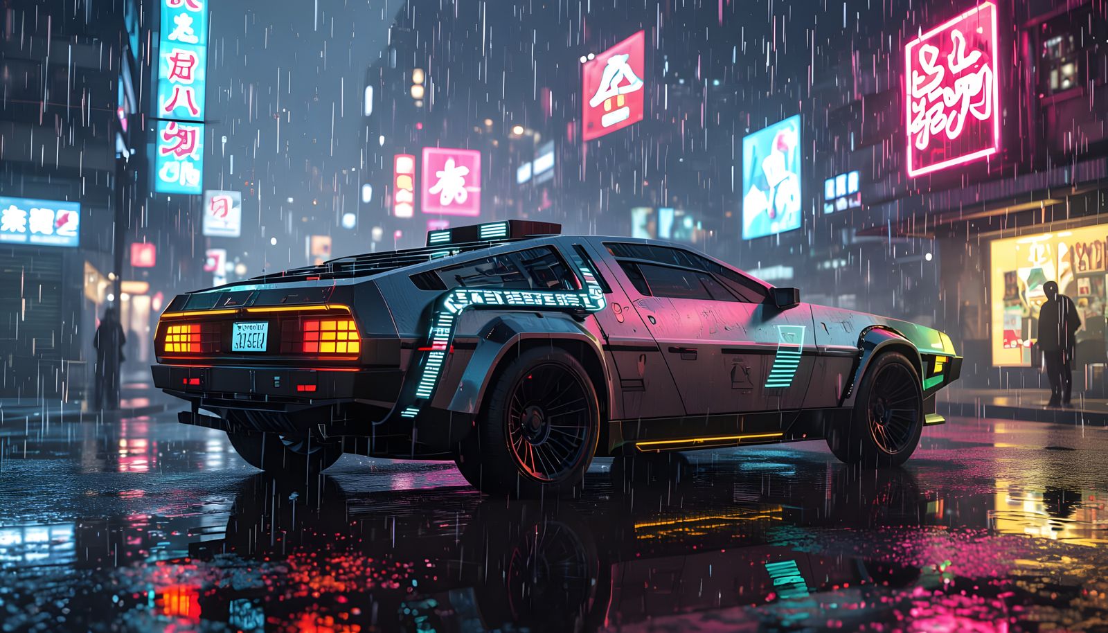 Cyberpunk Car with Retro Design on Rainy Street
