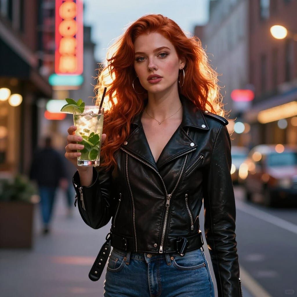 Model with Mojito on City Street at Dusk