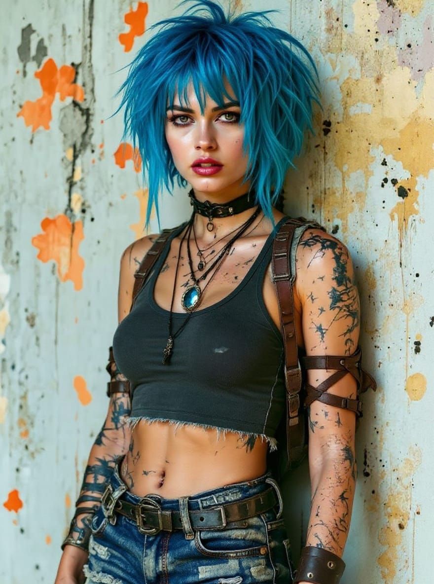Defiant Blue-Haired Woman in Post-Apocalyptic Style