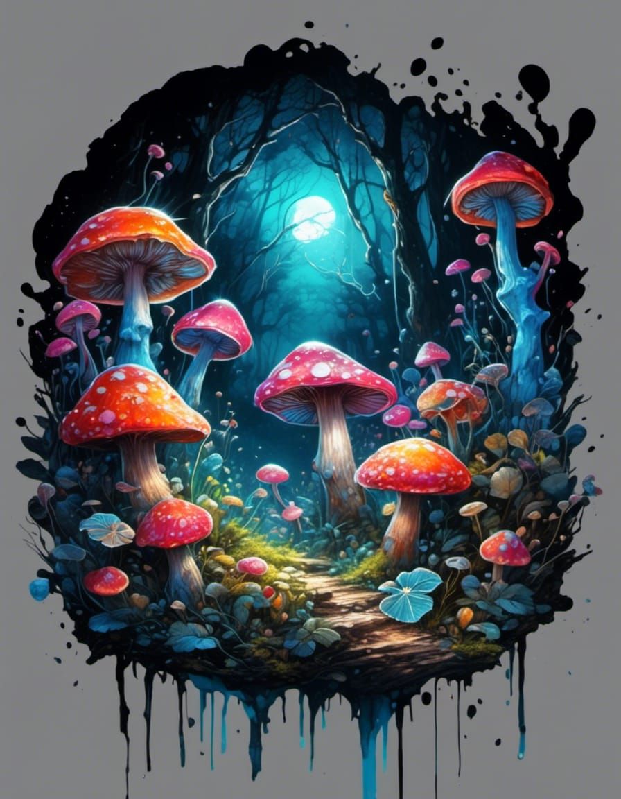 Moonlit Forest with Psychedelic Mushrooms in Graffiti Art St...