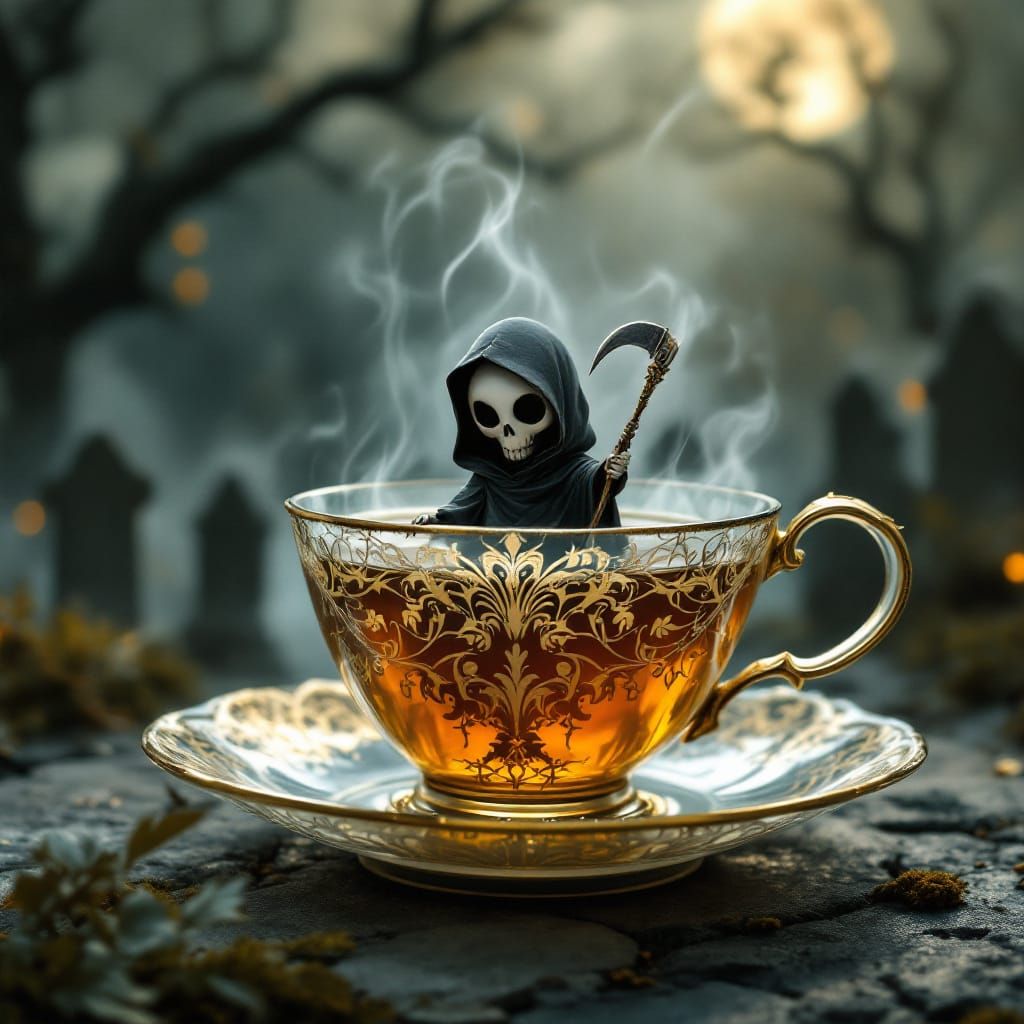 Teacup with Grim Reaper in Gothic Art Nouveau Style