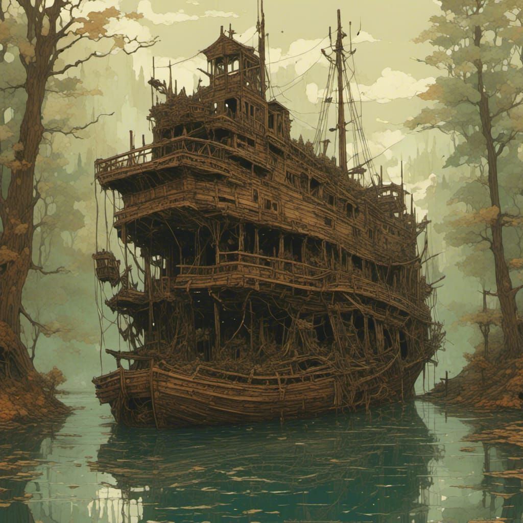 Detailed Shipwreck in Murky Lake Concept Art