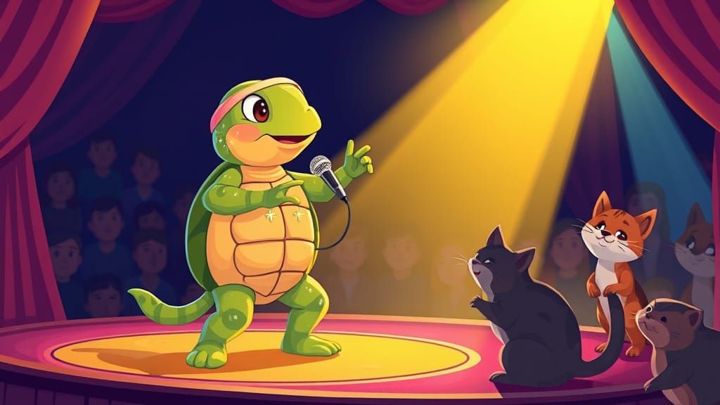 Cartoon Turtle Singer and Dancer on Stage