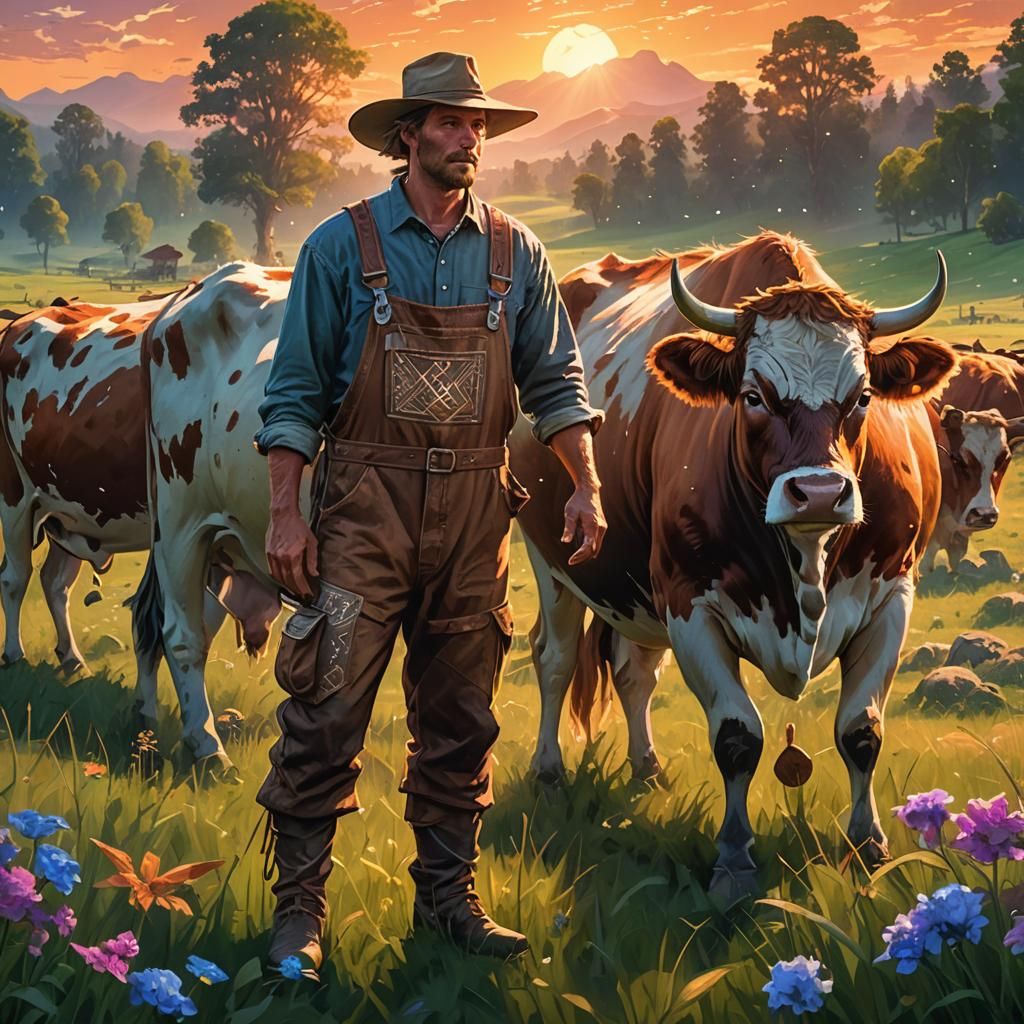 Farmer and Runed Cow in Fantasy Meadow