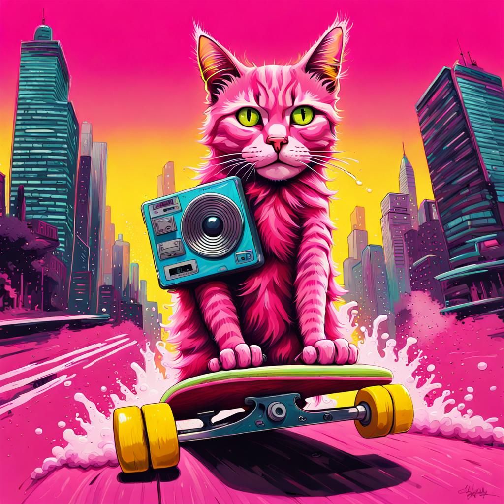 Pink Cat on Skateboard in Graffiti Street Art