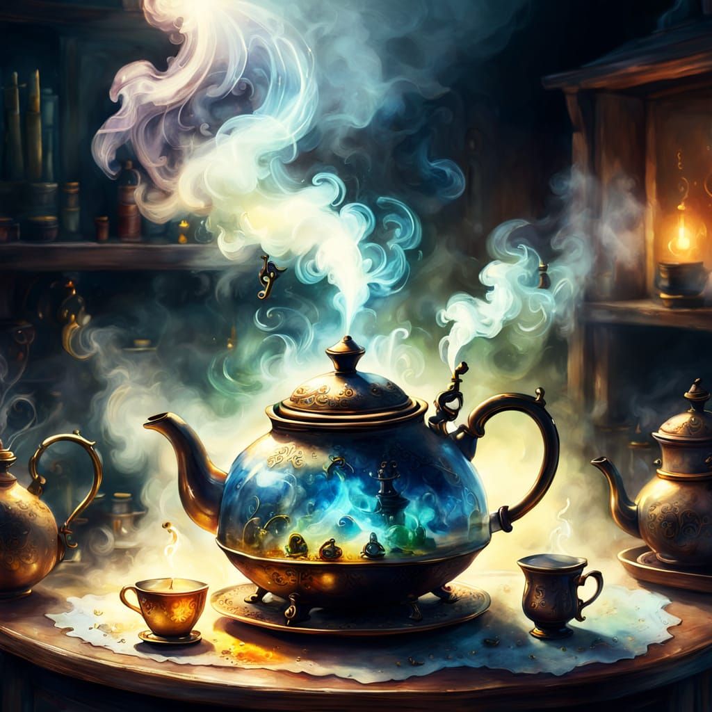 Whimsical Fantasy Art: Mysterious Teapot Scene in Watercolor...