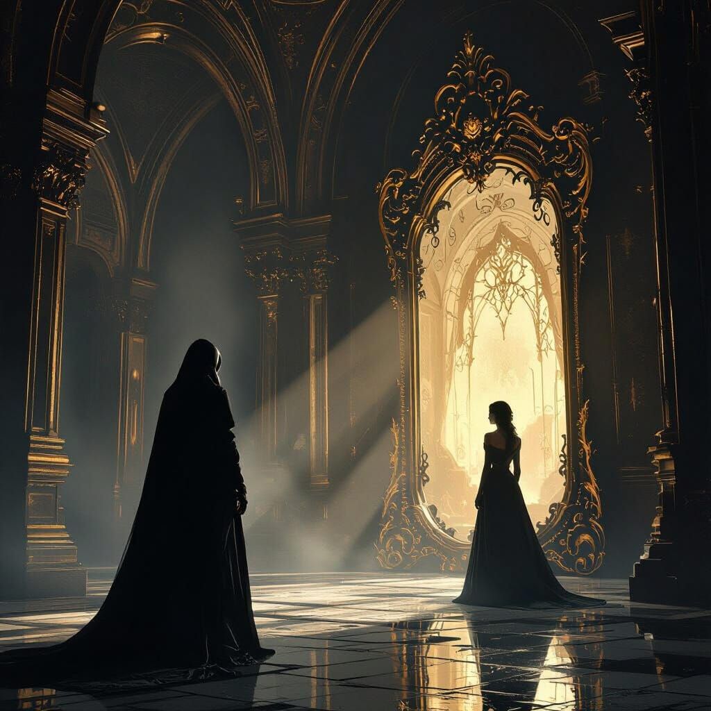 Gothic Opera House with Masked Figure in Shadows