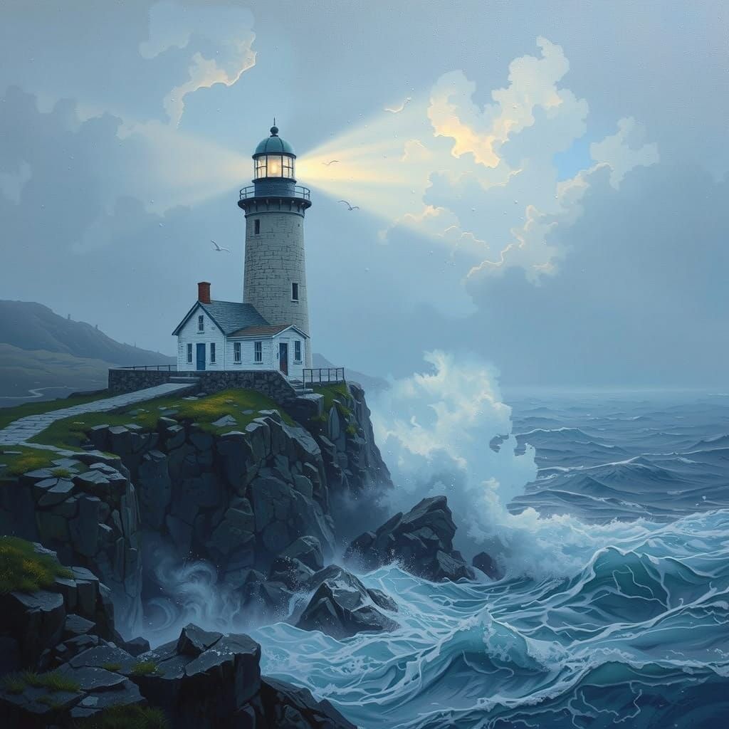 Lighthouse on Rocky Coast, Hyperrealistic Oil Painting