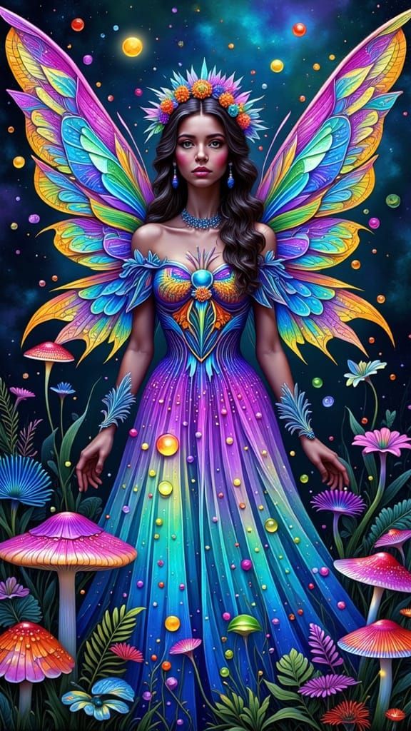 Whimsical Fairy in Bioluminescent Haute Couture, Stained-Gla...