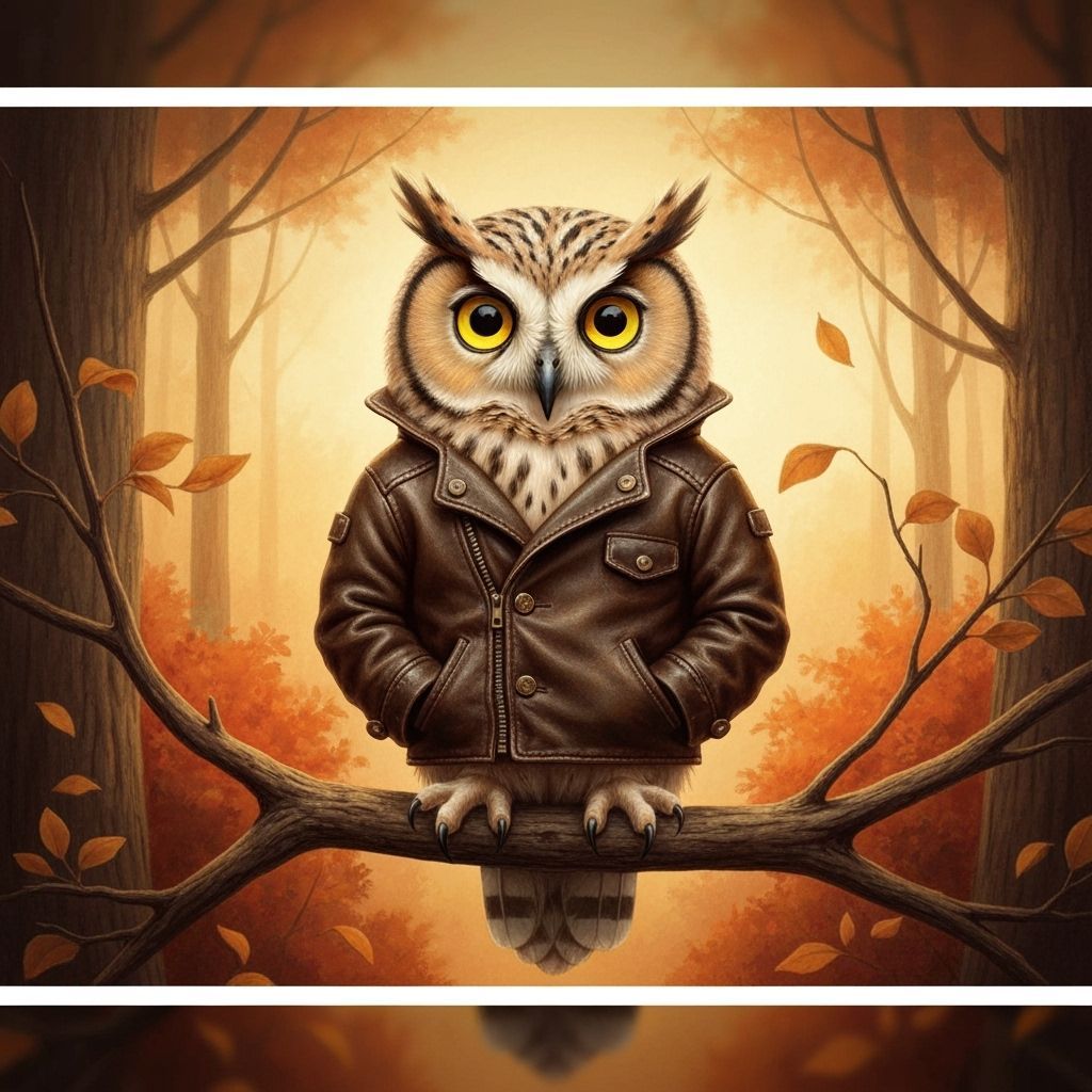 Owl in Leather Jacket on Branch, Whimsical Illustration